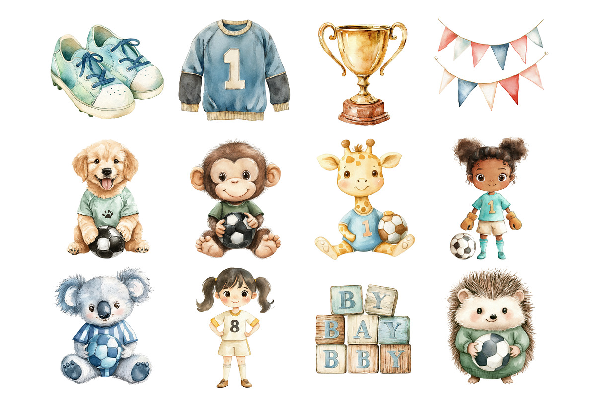 Watercolor Kids Cute Soccer Clipart, a Seasonal Illustration by Design Market (Photo 5 of 8)