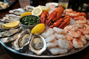 Seafood platter with lobster, oyster, a Food & Drink Photo by Pixeness Studio