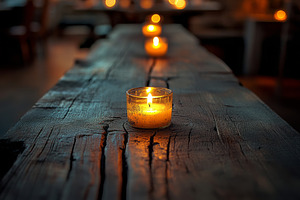 A serene setting with flickering candles on a rustic wooden table, creating a w, a Background Photo by ImageMir