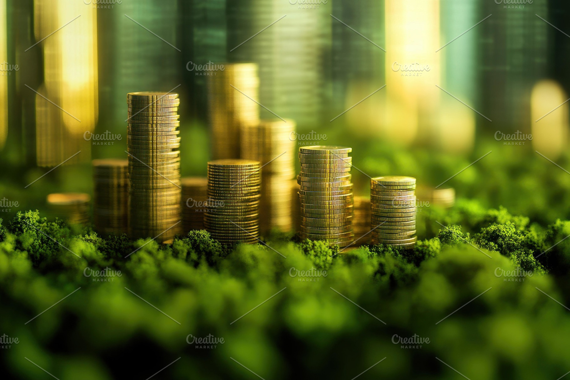 Stacks of golden coins emerging from, a Photo by Tanuart