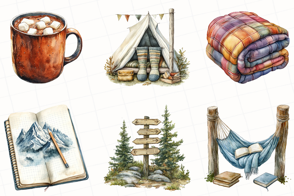 Vintage Camping Watercolor Clipart, an Illustration by OK Design (Photo 2 of 5)