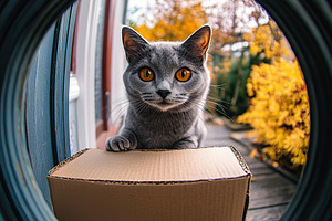 Cat curiously peeks through a small peephole at an autumn setting outside, a Photo by AlyaAnd