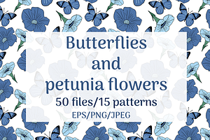 Butterflies And Petunia Flowers Set