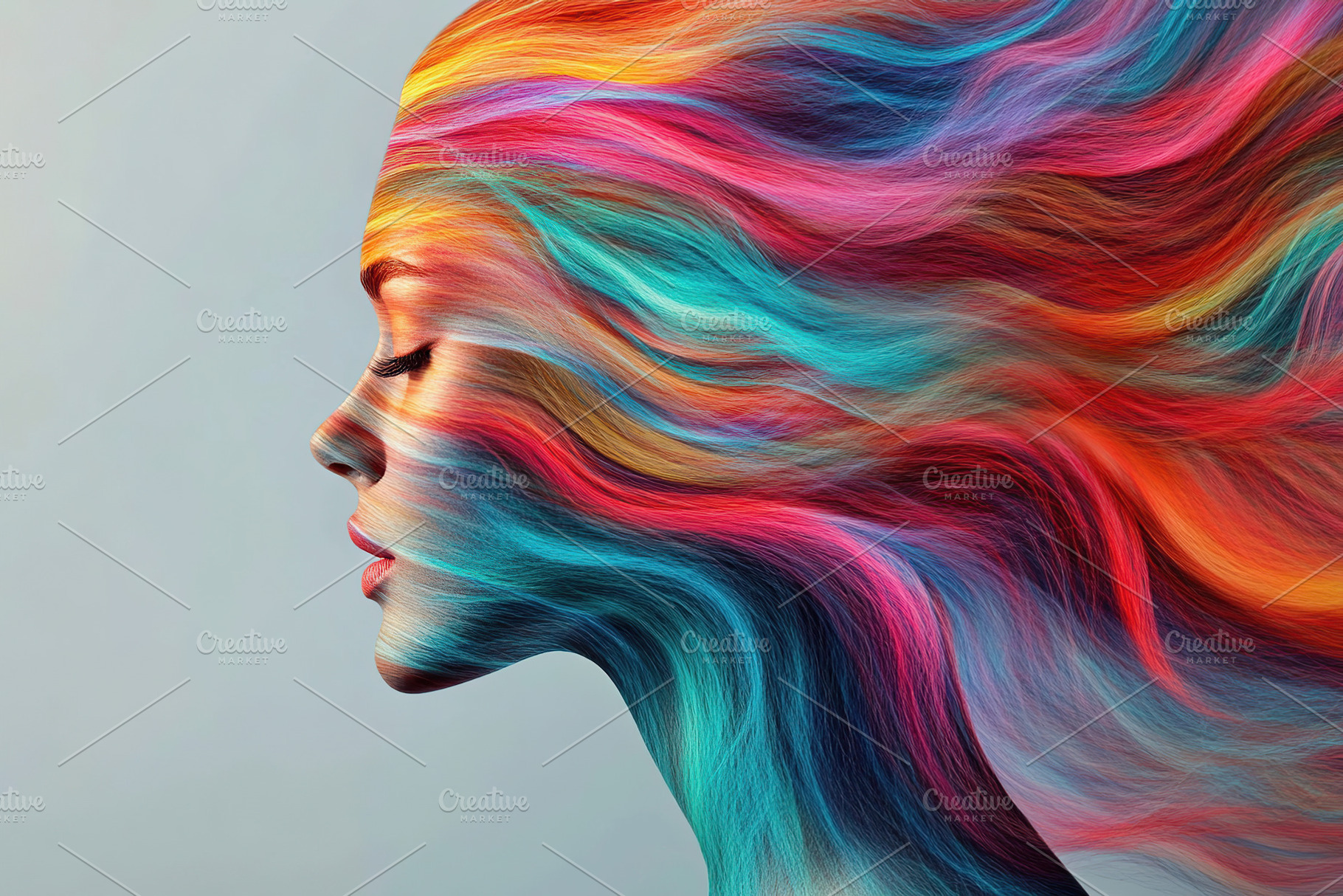 Vibrant hair flowing in colorful patterns against a soft backdrop, an Abstract Photo by AlyaAnd