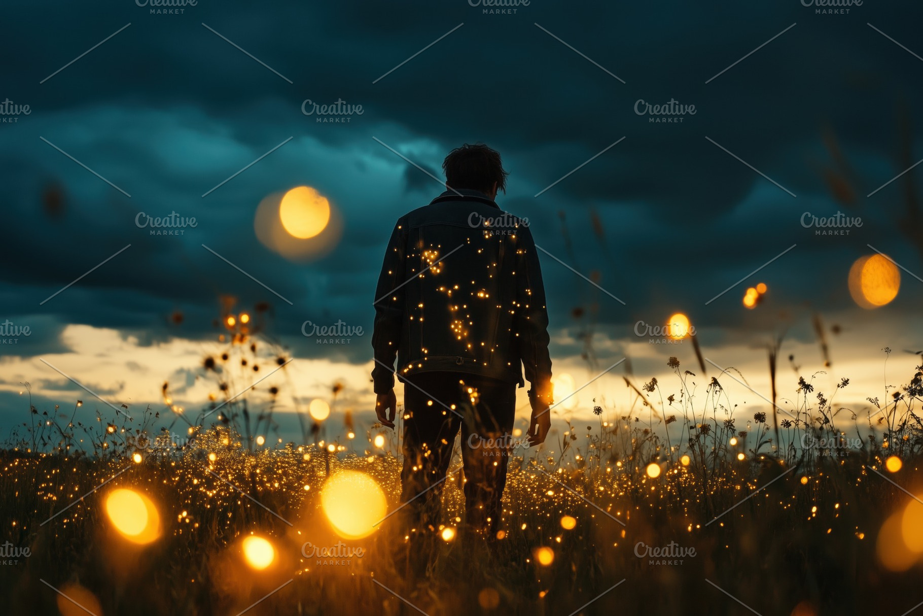 A person standing in a field at dusk, surrounded by glowing lights resembling f, a Photo by Textures & Backgrounds