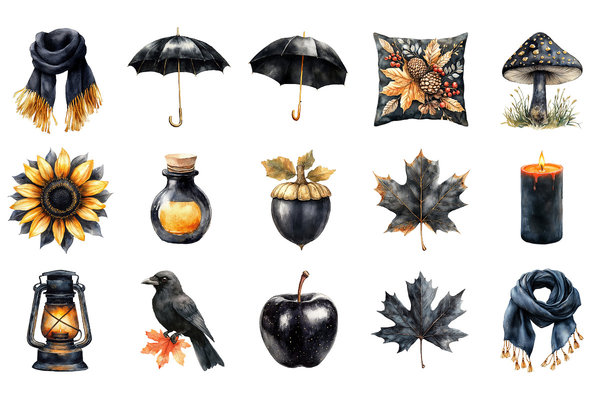 Watercolor Black Autumn Cliparts, an Illustration by Designking (Photo 3 of 5)