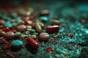 Assorted pills scattered on dark sur, a Photo by Pixeness Studio