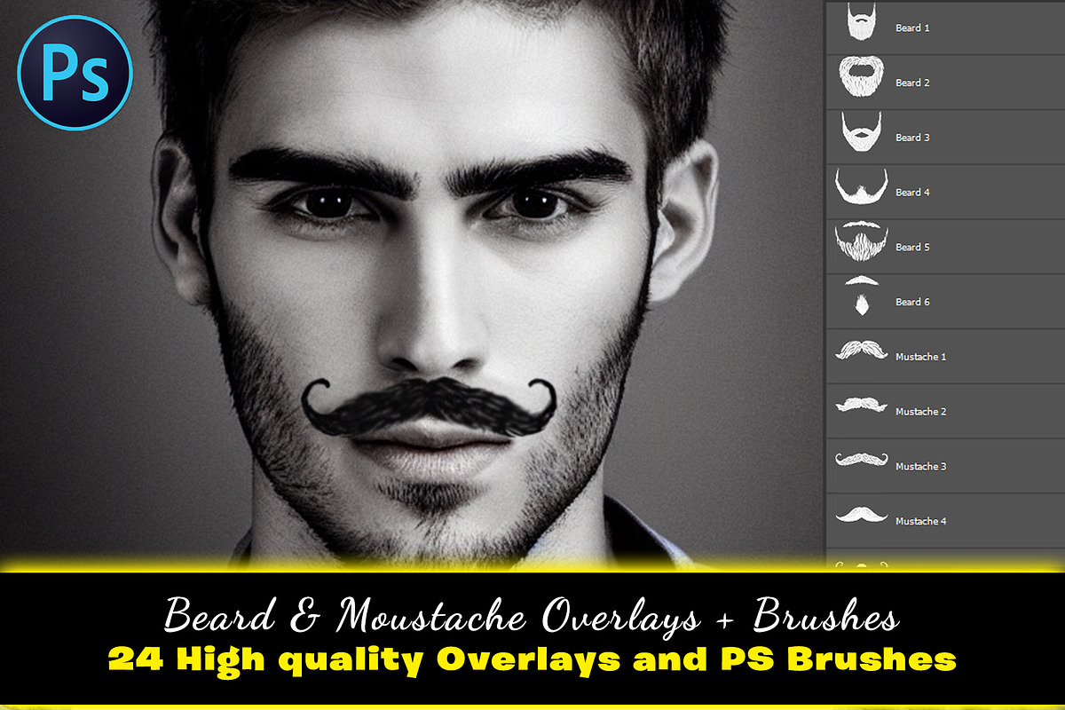 24 Photoshop Beard Moustache Brushes, a Brush Add-On by Velo Graphic Studio (Photo 1 of 6)