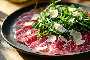 Beef carpaccio topped with fresh arugula and shaved cheese on a black plate, a Food & Drink Photo by AlyaAnd