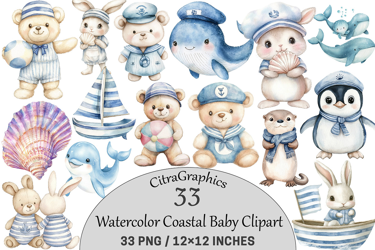 Watercolor Coastal Baby Clipart PNG, a Seasonal Illustration by CitraGraphics (Photo 1 of 6)