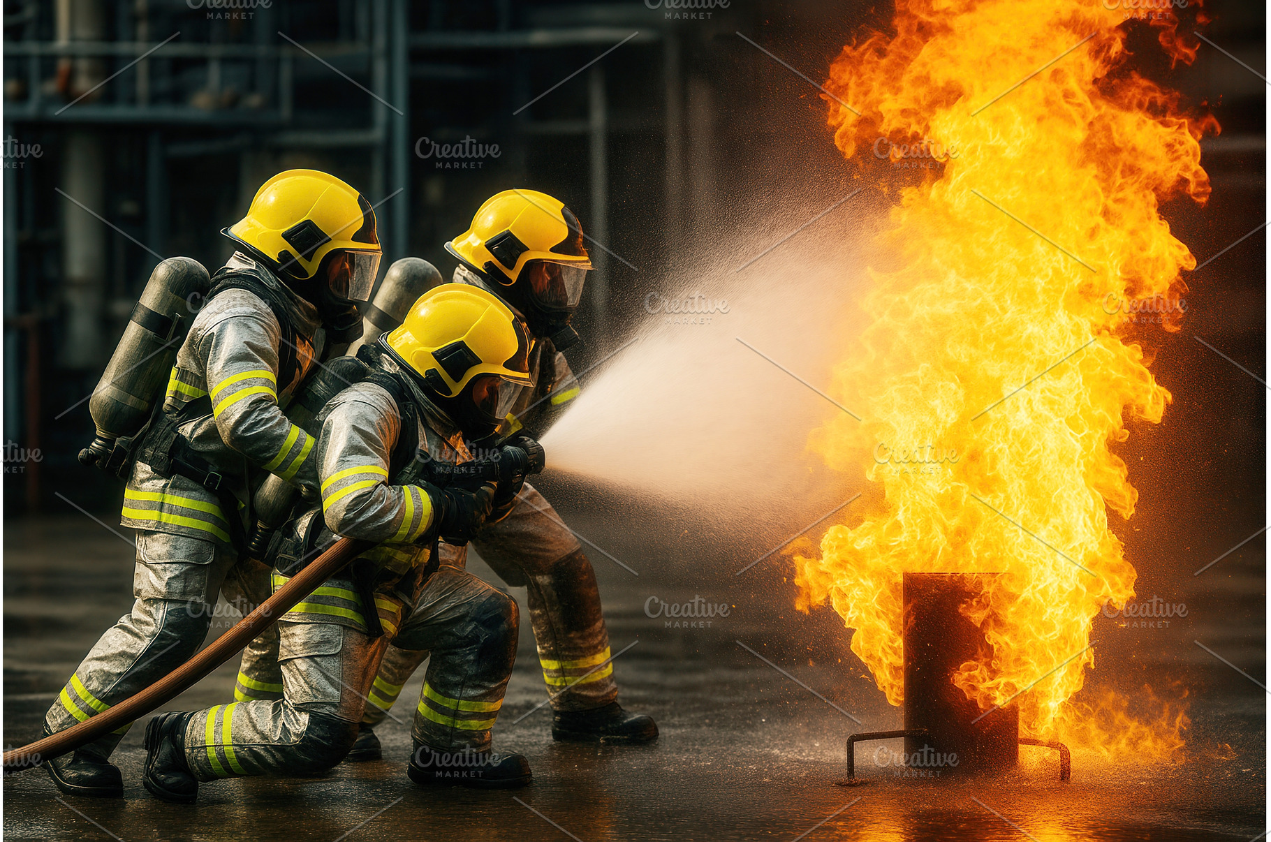 Three firefighters in protective, an Industrial Photo by Sergey Kotenev
