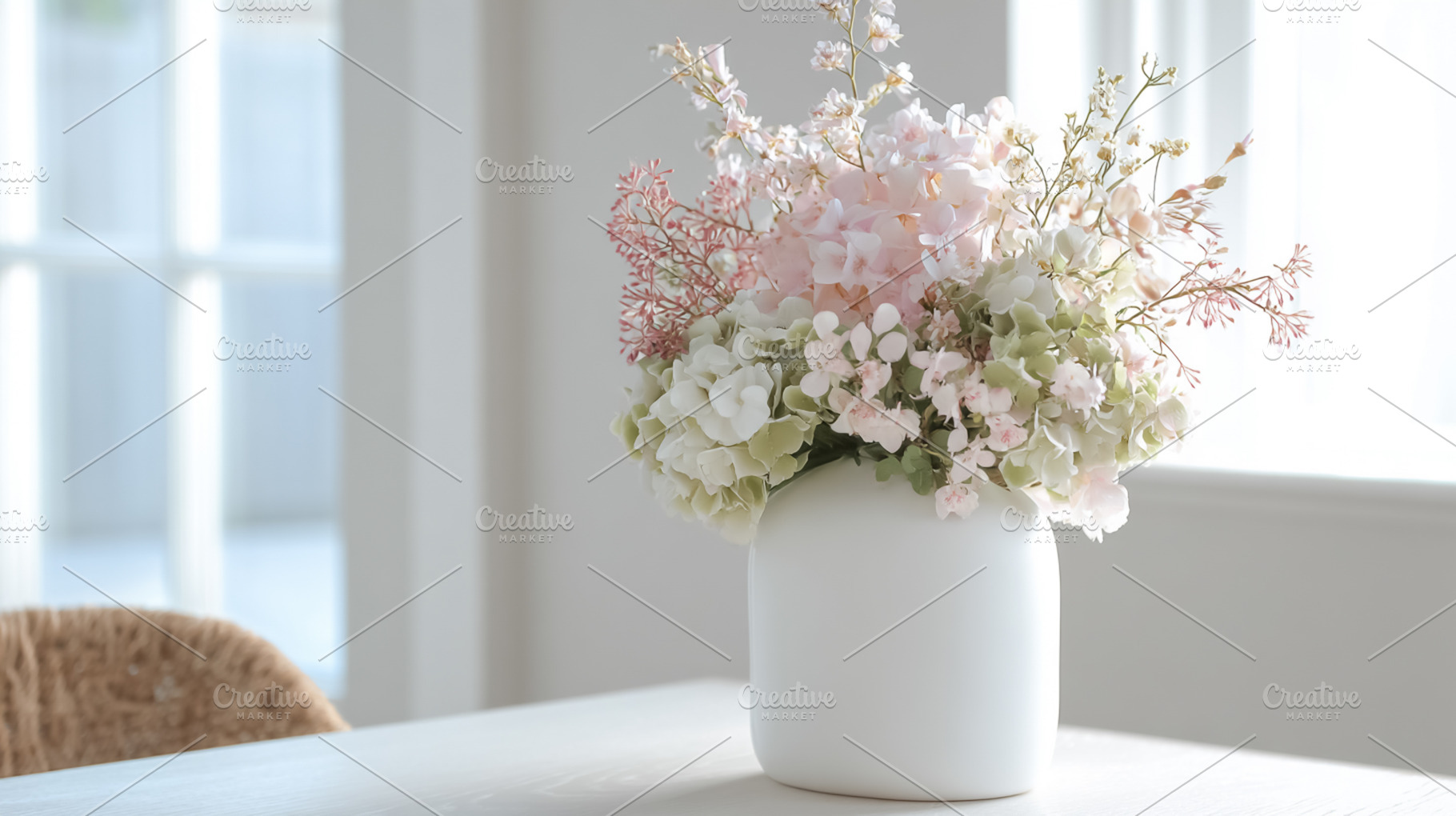 Pink and white flowers blooming in a vase, creating a serene and, a Photo by Studio ANNA