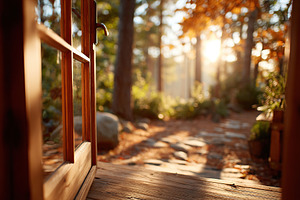 Warm cabin in the woods with an inviting open door and sunlight filtering throu, an Abstract Photo by AlyaAnd