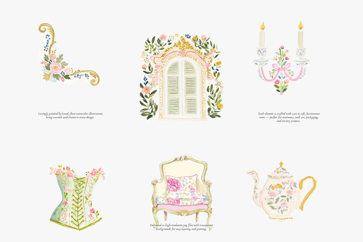 Romantic château watercolor clipart, a Decorative Illustration by Patishop Art (Photo 7 of 10)