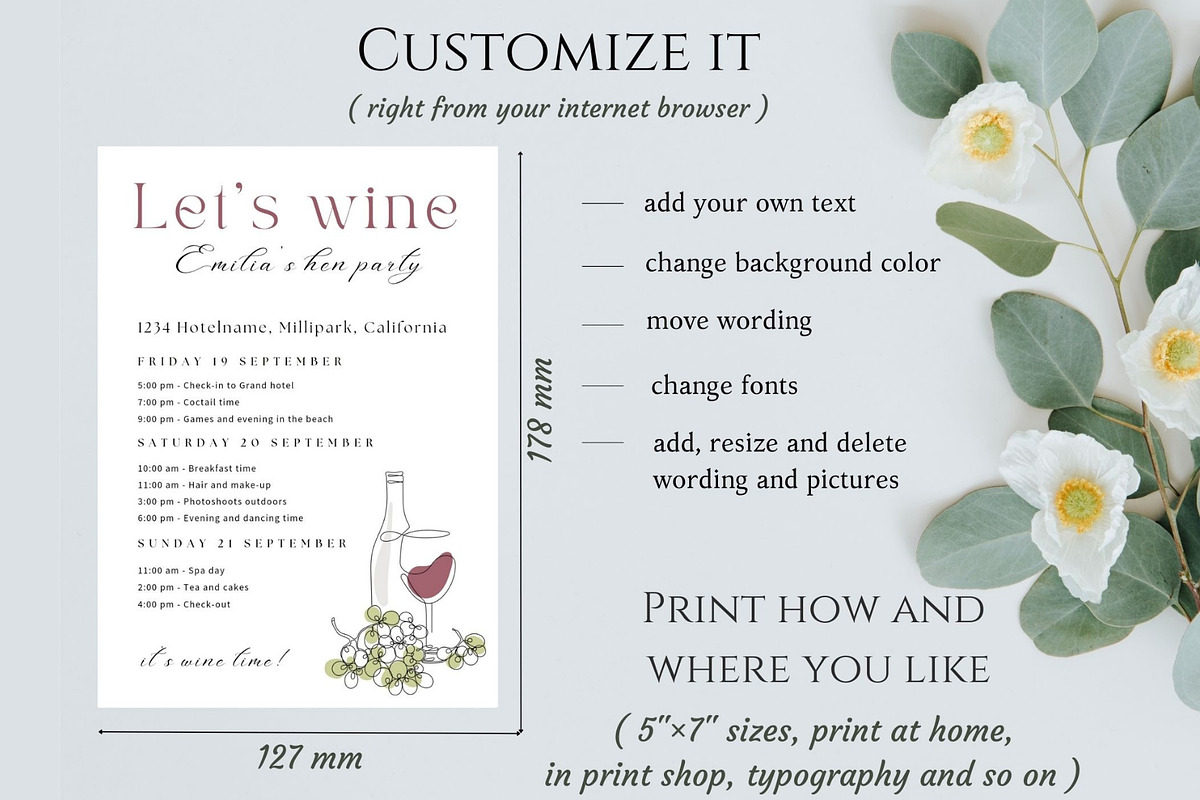 Lets wine Bachelorette schedule plan, an Invitation Template by EvaTemplates (Photo 2 of 4)