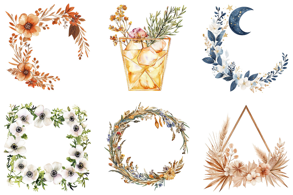 Boho Floral Frame Watercolor Clipart, an Illustration by DreamArtGraphic (Photo 4 of 4)