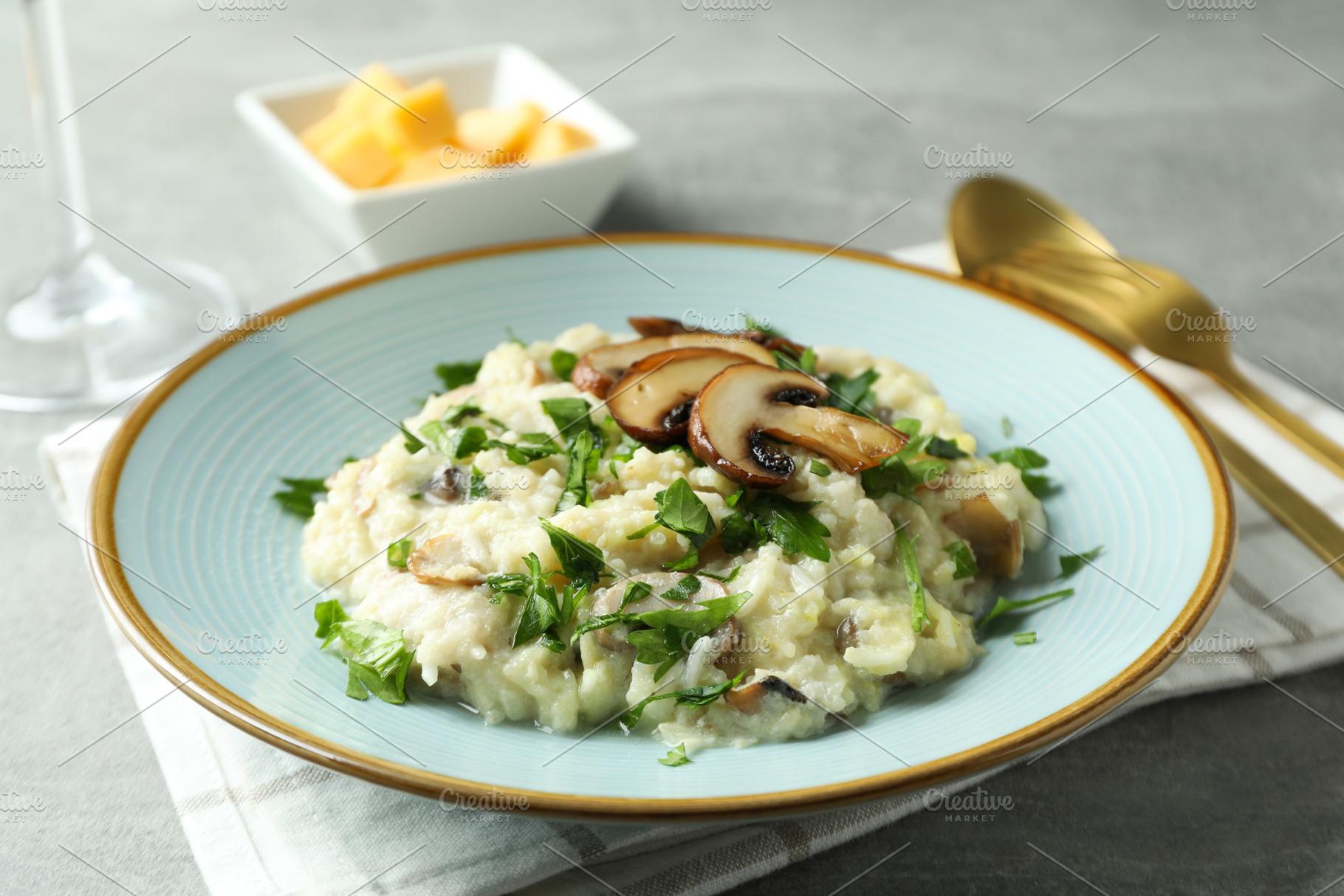 Concept of tasty food with risotto with mushrooms, close up, a Background Photo by AtlasStudio PRO