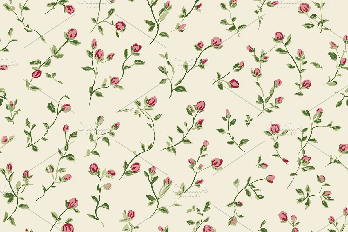 Seamless pattern of small pink rosebuds and green leaves on a cr, a Pattern Graphic by Studio ANNA