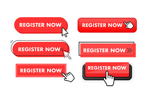 Set of Register now button. Hand
