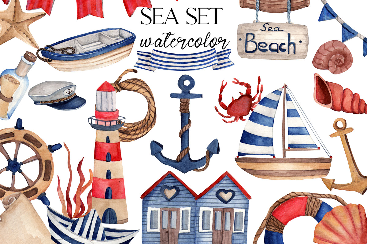 Watercolor sea set, a Seasonal Illustration by Julia Bogdan (Photo 1 of 3)