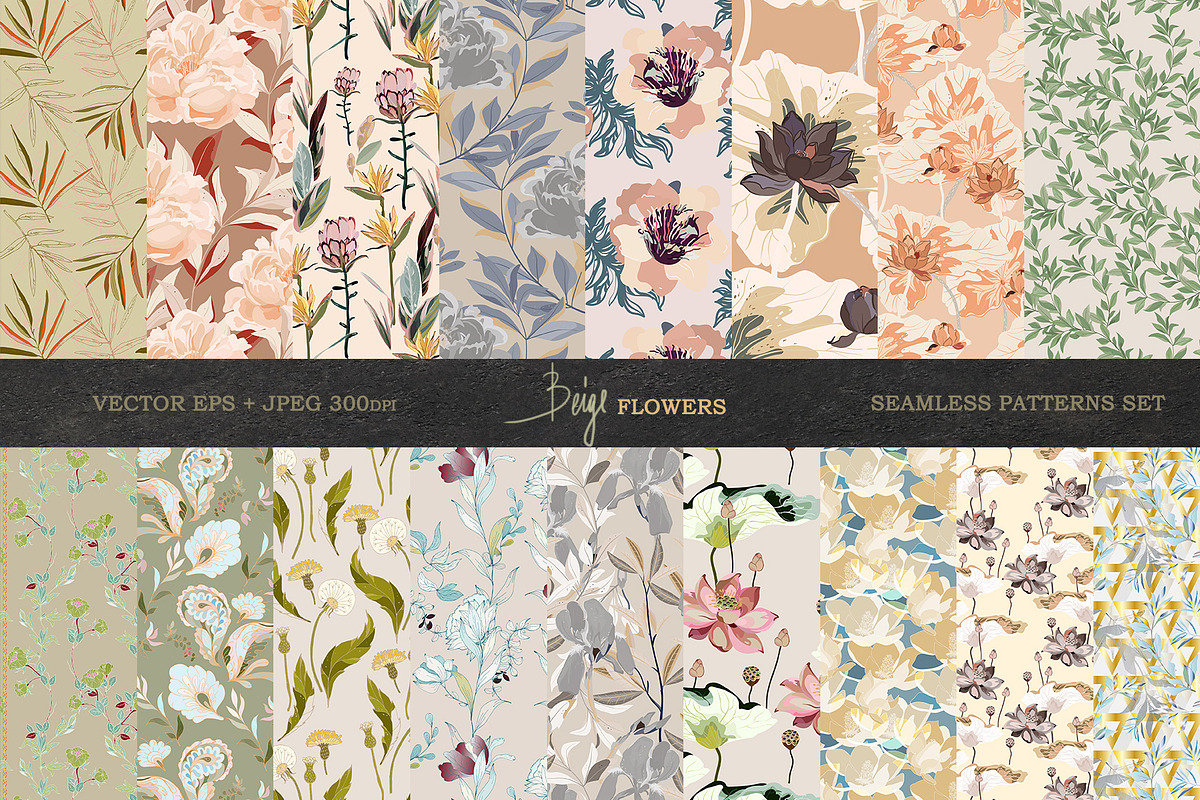 Beige floral vector seamless pack, a Pattern Graphic by PatternsBlooming