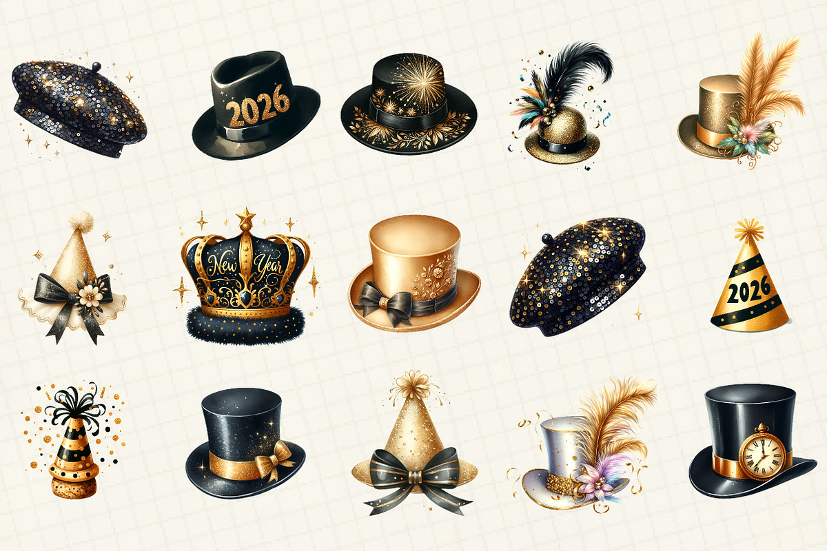 Black and Gold New Year Hat Clipart, an Illustration by DreamCafeArt (Photo 2 of 8)