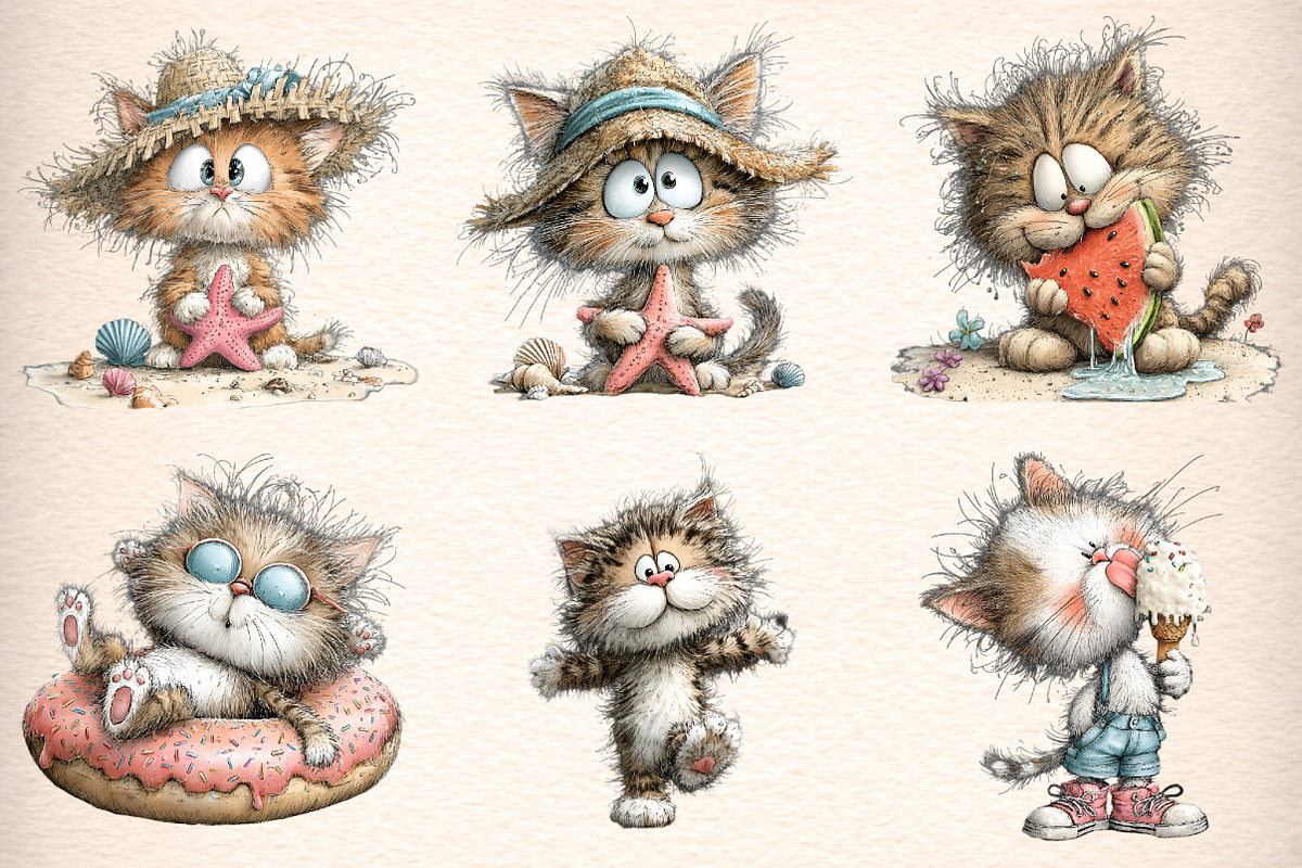 Whimsical Summer Cat Clipart, an Illustration by Digital Artistic99 (Photo 3 of 9)