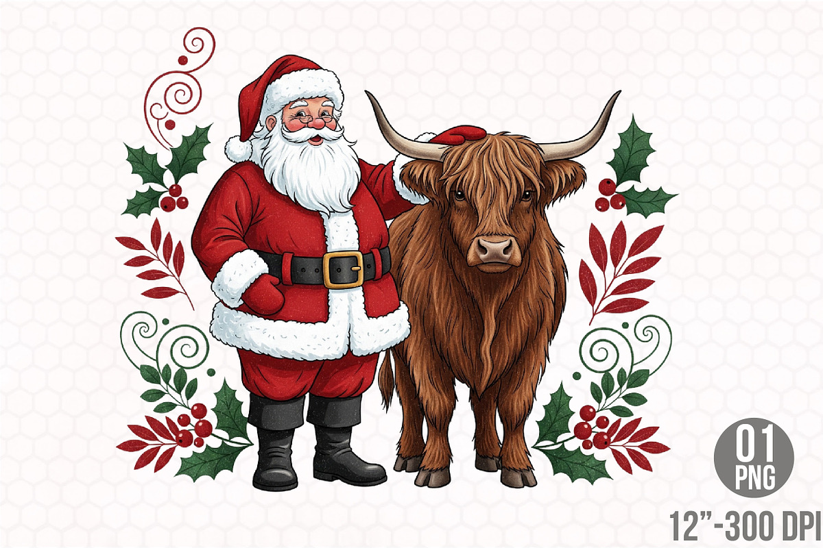 Vintage Highland Cow Santa Christmas, a Graphic by Designking (Photo 1 of 4)