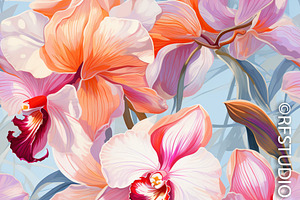 SUNLIT ORCHIDS. Seamless Bundle Of 8