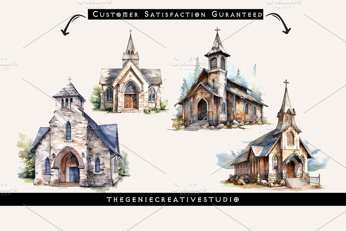 Watercolor PNG Church Clipart, an Object Illustration by Geniecreativestudio (Photo 4 of 9)