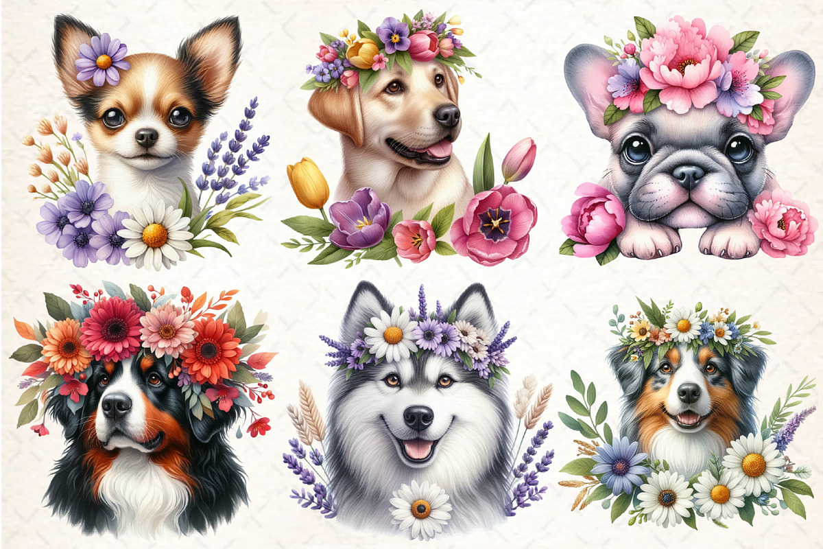 Watercolor Dog Breeds with Flower, an Animal Illustration by DreamCafeArt (Photo 3 of 5)