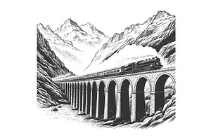 Mountain Railway Viaduct engraving, a Transportation Illustration by AlexArt