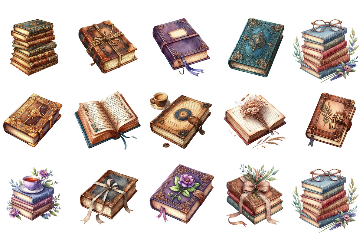 Watercolor Vintage Books Clipart, an Illustration by Designking (Photo 2 of 5)