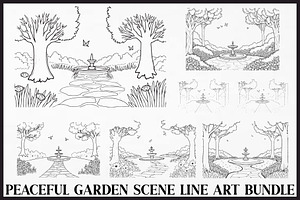 Serene Garden Scene Line Art Set, an Illustration by BIPLOB EXPERT