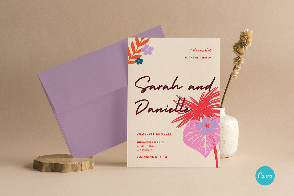 Tropical Wedding Invitation CANVA, an Invitation Template by StudioVonBraitenberg (Photo 1 of 9)