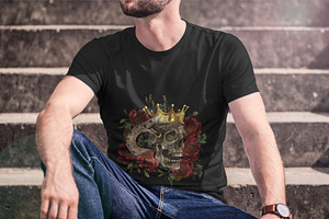 Human Skull, Crown, Snake And Roses