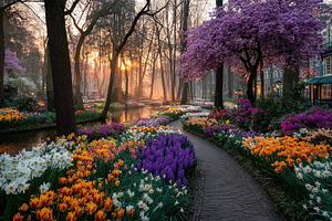 Colorful Spring Park with Blooming Tulips Daffodils and Cherry T, a Nature Photo by José Manuel Gelpi