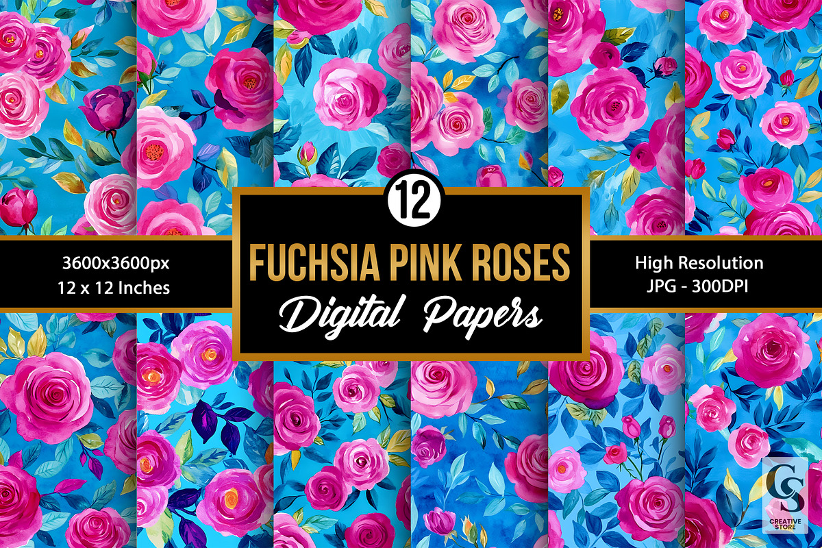 Fuchsia Pink Watercolor Rose Pattern, a Pattern Graphic by Creative Store (Photo 1 of 5)