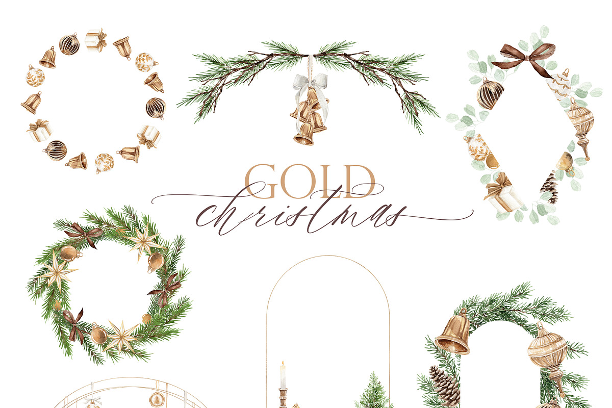 Gold Christmas Watercolor Clipart, a Decorative Illustration by Beigetime (Photo 11 of 18)