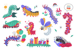 Cartoon caterpillar vector set, cute, an Animal Illustration by Sabelskaya