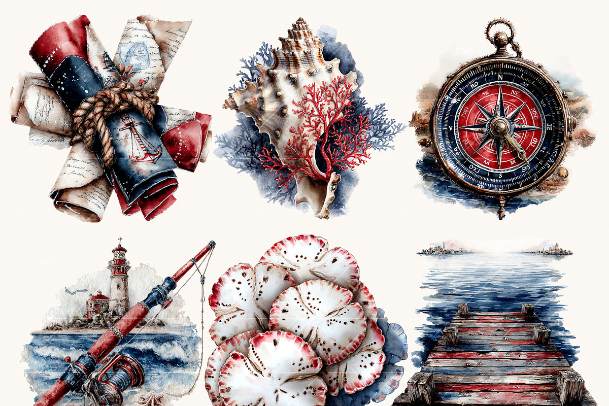 Watercolor Ocean Summer Clipart, a Seasonal Illustration by BusyDaydesign (Photo 4 of 9)
