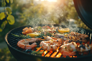 Grilling fresh shrimp and squid over an open flame at sunset in a backyard sett, a Food & Drink Photo by AlyaAnd