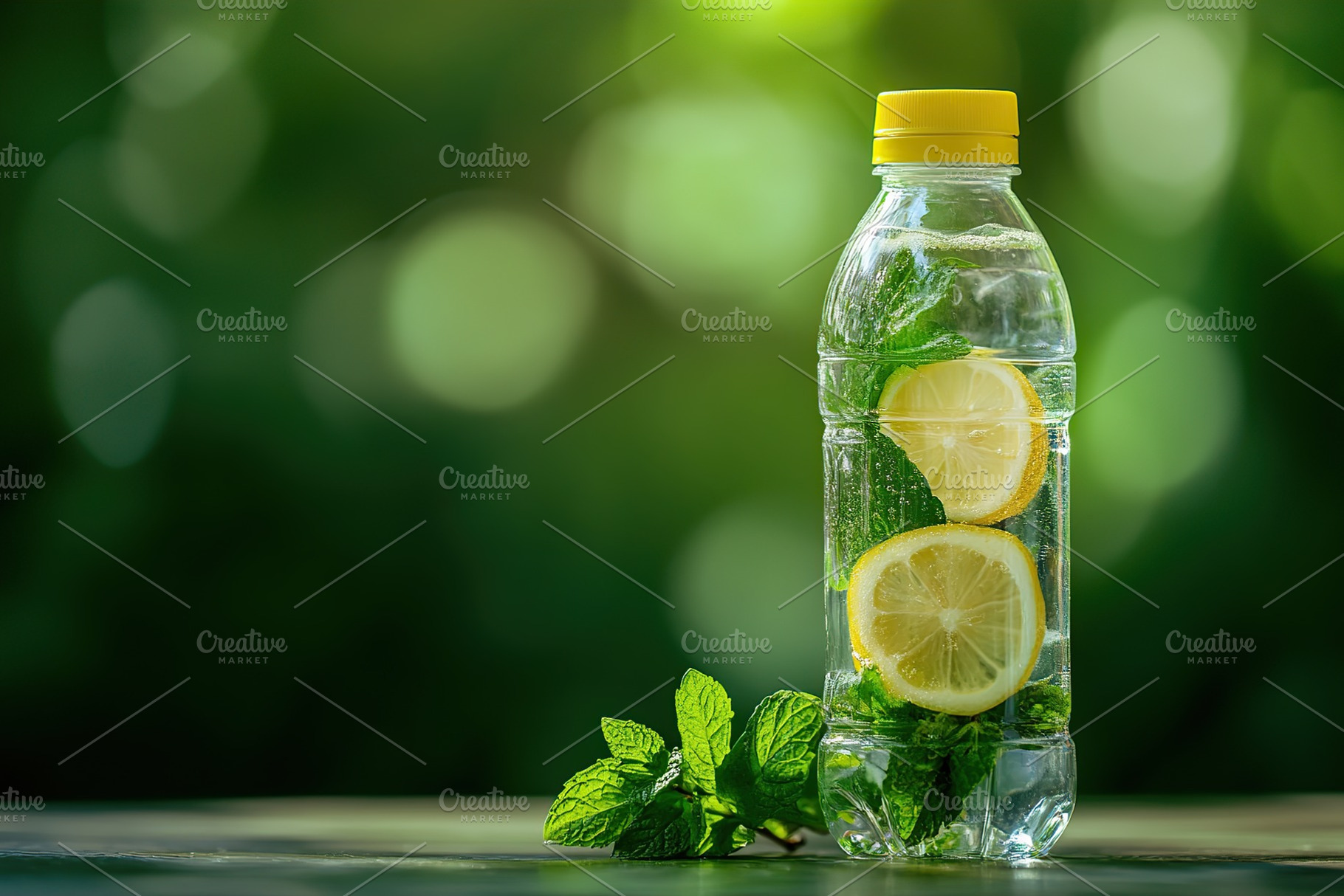 Refreshing lemon mint infused drink in a transparent bottle surrounded by green, a Food & Drink Photo by AlyaAnd