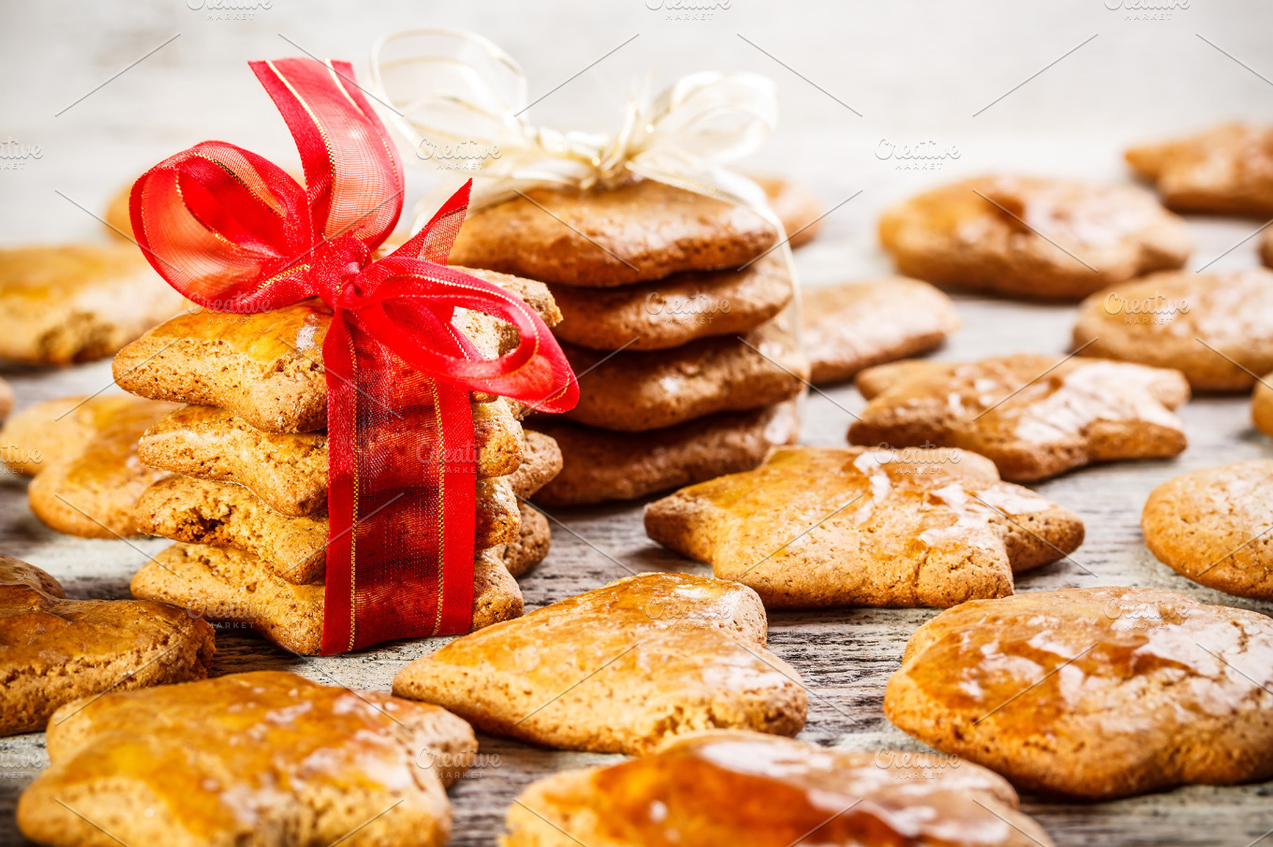 Gingerbread cookies containing biscuit, bow, and bread
