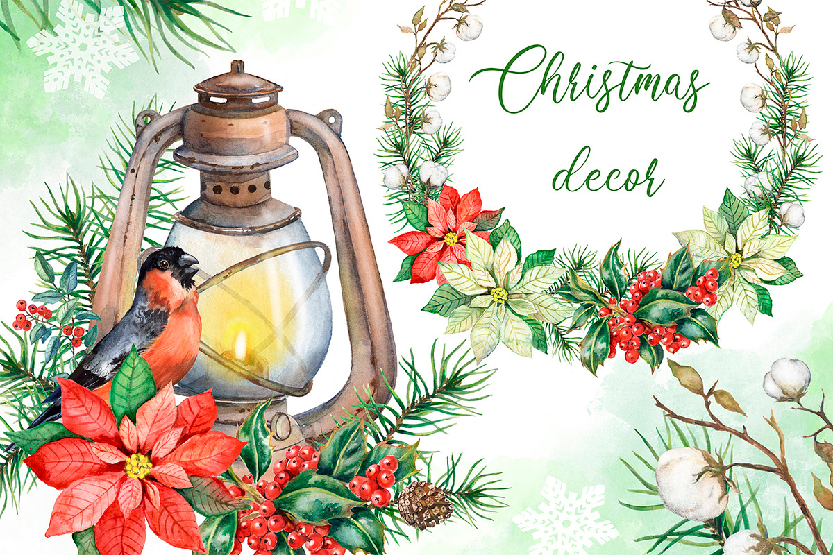 Watercolor Christmas decor clipart., a Decorative Illustration by SavinV (Photo 1 of 7)