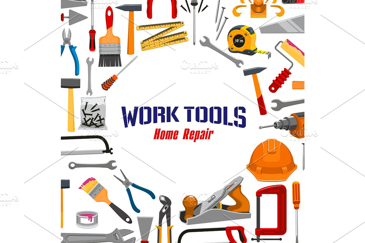 Work tools and repair instruments vector poster, an Illustration by ...