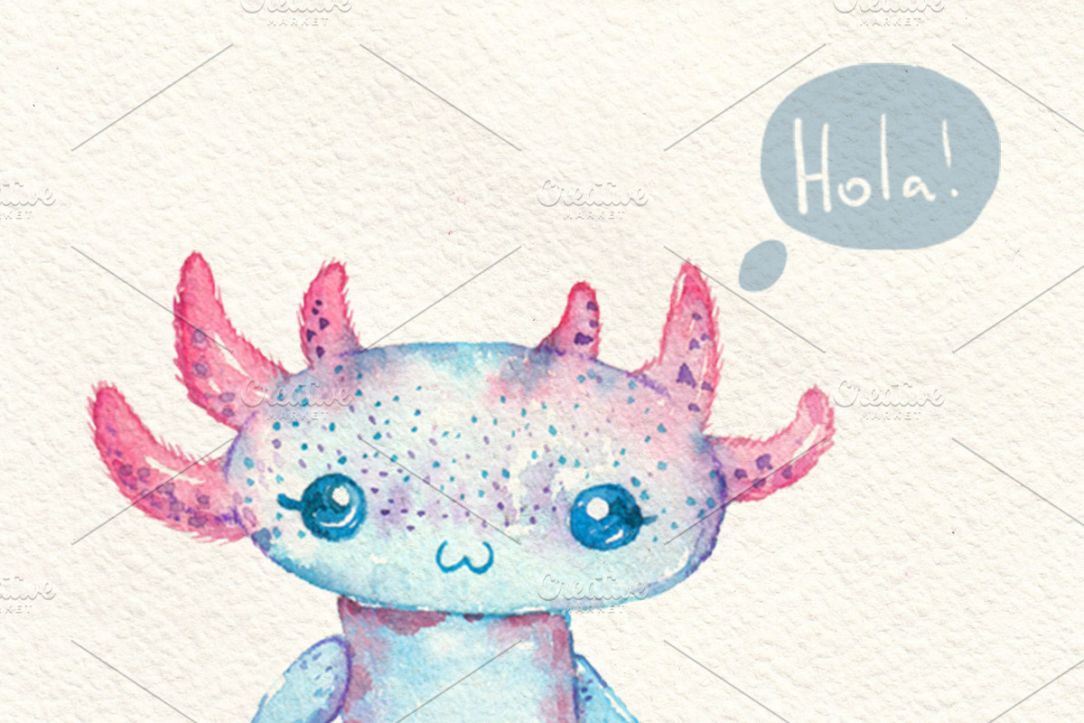 Axolotl cute and funny. Watercolor, an Illustration by JaneLane (Photo 1 of 4)