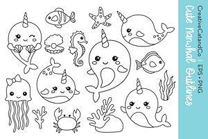 Cute Narwhal Outlines Vector EPS PNG