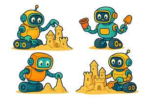 Robots building sandcastles on a, an Illustration by ZinetroN