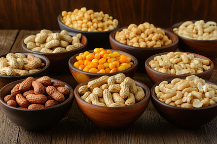 Assorted nuts and snacks displayed i, a Photo by Tanuart